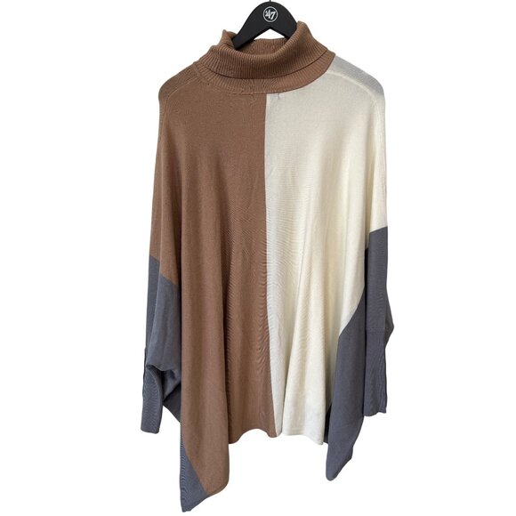Alfani Sweater Size Large Cape Poncho Pullover Colorblock Beige Gray Nude Cozy - Picture 3 of 7